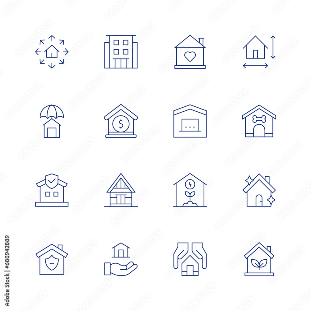 Home line icon set on transparent background with editable stroke. Containing home, house insurance, home insurance, home security, happy house, work from home, eco home, condominium, value, house.