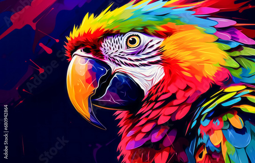 Illustration of colorful painted macaw parrot bird on dark background