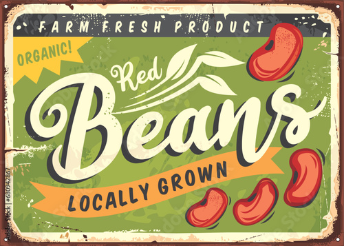 Farm fresh organic product retro advertising sign design. Red beans vintage poster. Natural vegetables, food vector illustration.