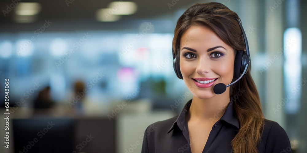 Portrait of a beautiful young woman with headphones in a call center Portrait of a beautiful young woman with headphones in a call center