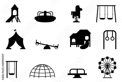 Playground silhouette collection. Kid playground equipment icons. Set of playground with a slide and swings