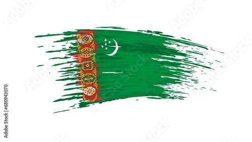 Turkmenistan flag animation. Brush painted turkmen flag, white background. Brush strokes. Turkmenistan state patriotic national banner template. Animated design element, seamless loop photo