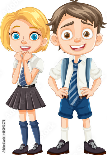 Cartoon Characters of Boy and Girl Students in Uniform