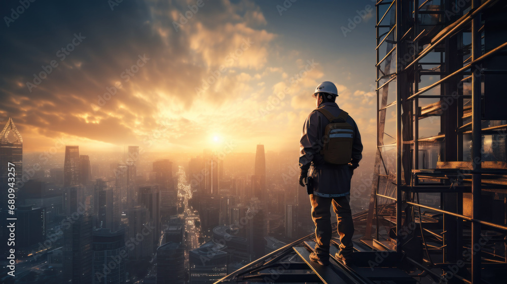 Construction Worker Overlooking Cityscape at Dawn Construction Worker Overlooking Cityscape at Dawn