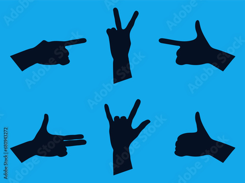 Set of silhouette hand signs. Gun sign with one and two fingers.  Direction (up, down, right, left) sign with and without thumb. Ok, horn and peace sign. For collage, banner, card