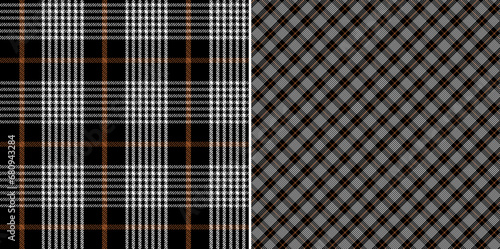 Abstract check plaid sealess pattern in black ,white and orange. Seamless herringbone tartan( Double set )