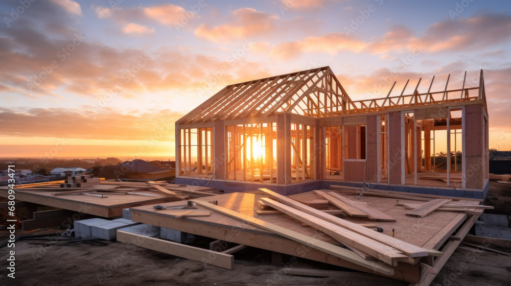 Obraz premium Sunset Over Partially Built House Frame on Construction Site