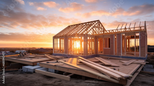 Sunset Over Partially Built House Frame on Construction Site