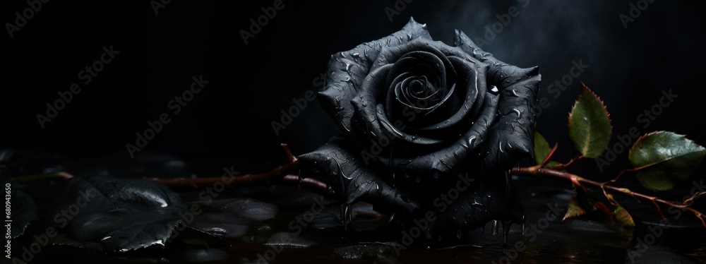 Dark mourning roses on black background, web banner. Mourning moody