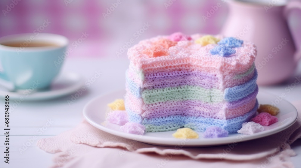 Textured pastel knitted Handcrafted crochet fantasy sweet dessert cake in pastel tones, embodying whimsy and creativity. Textured pastel knitted Handcrafted crochet fantasy sweet dessert cake in pastel tones, embodying whimsy and creativity.
