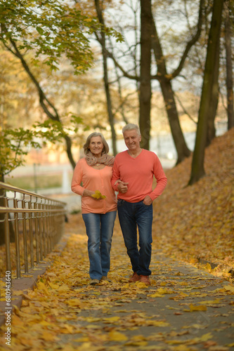 Elderly couple dance in the park in autumn.