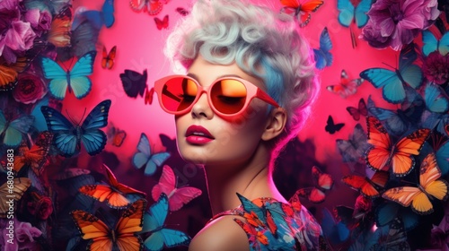 Beautiful Stylish woman with pink glasses surrounded by vibrant butterflies and flowers, glamour, vivacity, fashion, Beauty Salon concept