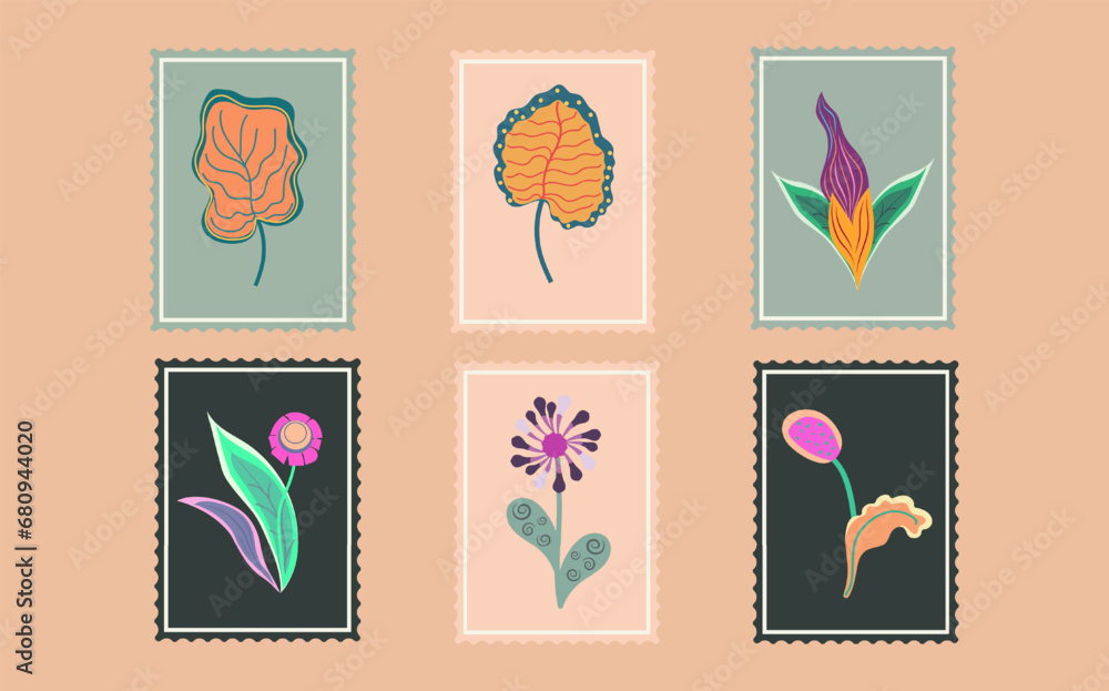 A set of postcards with a variety of  botanical plants and flowers. Miniature images of endangered flora. For wedding invitations, parties,сards.