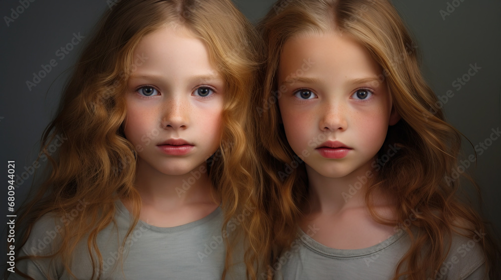 Studio portrait of two young friends or twin sisters. Long light brown hair. Blushing cheeks and an expression of innocence. 