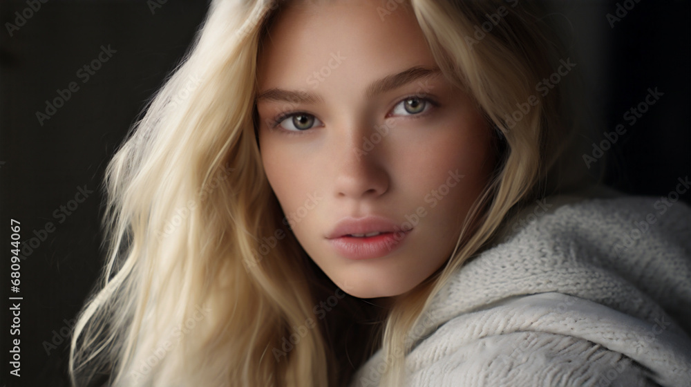 Closeup portrait of a female model with blond hair and a fair complexion. Skin care and cosmetics. Closeup portrait of a female model with blond hair and a fair complexion. Skin care and cosmetics.