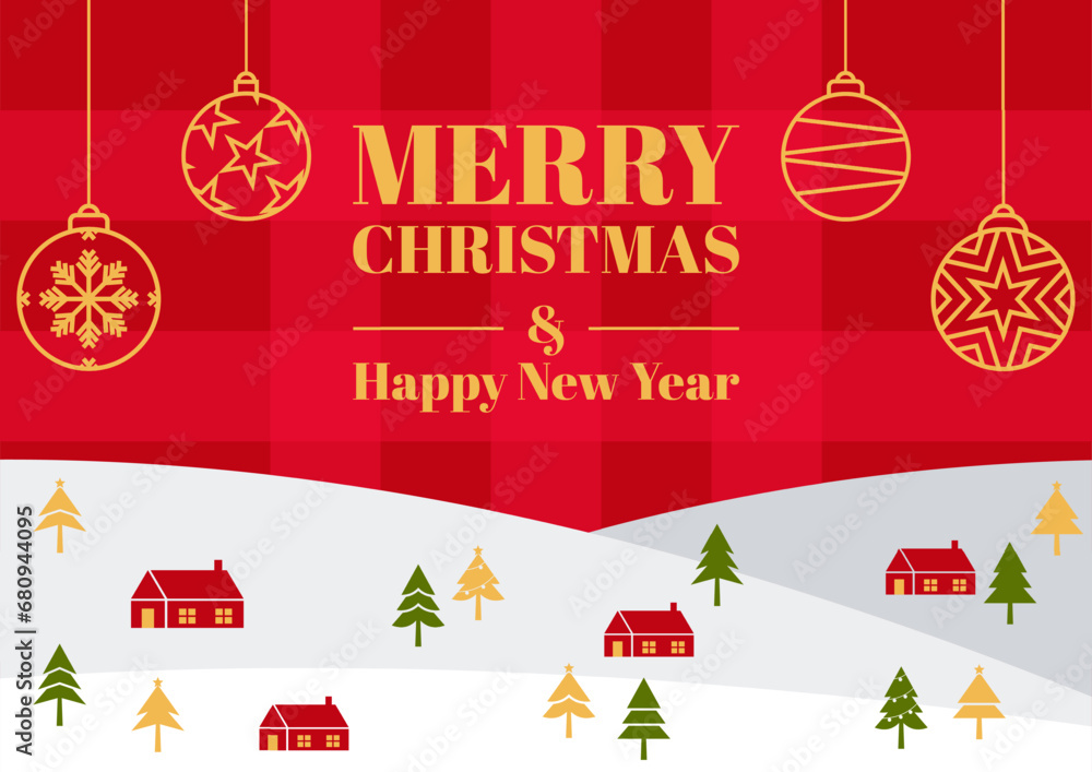 Naklejka premium Christmas poster in red, snowy shades, with house ornaments, pine trees and gold balls.