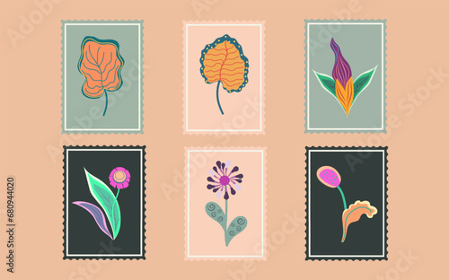 A set of postcards with a variety of botanical plants and flowers. Miniature images of endangered flora. For wedding invitations, parties,сards.