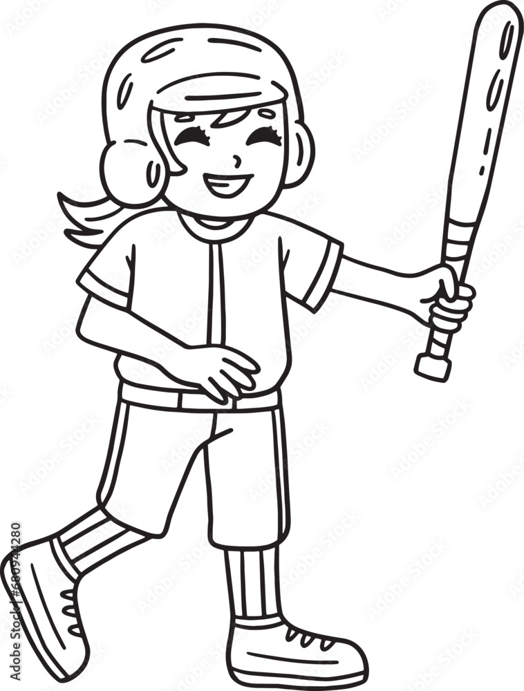 Girl Holding a Baseball Bat Isolated Coloring Page Girl Holding a Baseball Bat Isolated Coloring Page