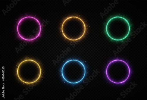 Colorful neon frames with lights effects. Abstraction neon glowing circles on dark background. Set of colored buttons.
