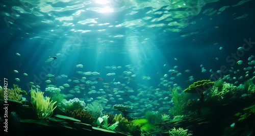 a fish underwater with lots of little fishes above the water © Wirestock
