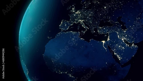 One World Energy- night light earth globe spinning - northern hemisphere - Europe to America