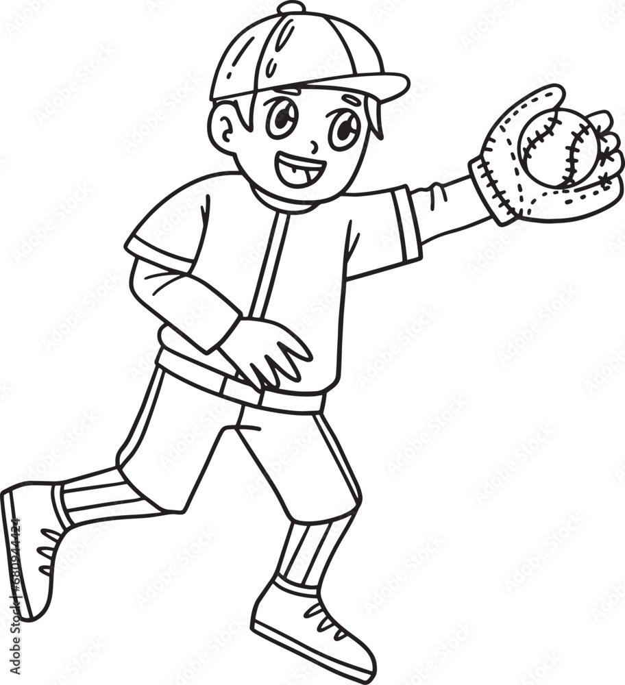 Boy Catching Baseball Isolated Coloring Page 