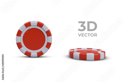 Red poker chip in vertical and horizontal position, mockup. Place for casino logo, website, app. Realistic gambling accessory. Set of vector blanks for advertising compositions