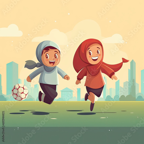 Muslim Arab children Playing Soccer Football, style children book illustration, AI Generated