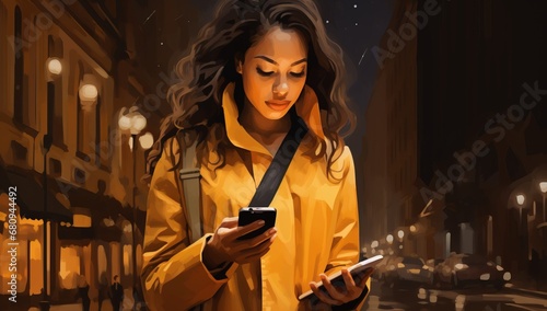 A Woman in a Yellow Raincoat Engrossed in Her Cell Phone