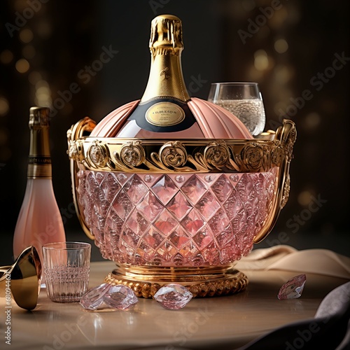 Bottle of expensive champagne surrounded with pink ice-cubes in a 24k gold ice bucket, glasses of champagne photo