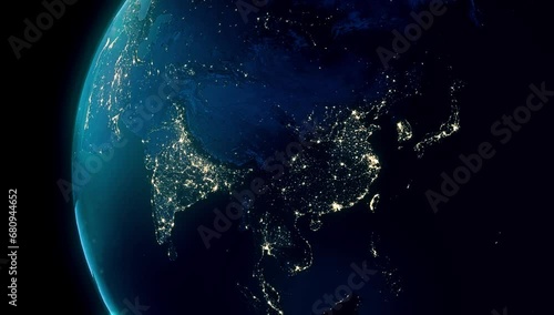 One World - night light earth globe spinning - northern hemisphere - Asia to America photo