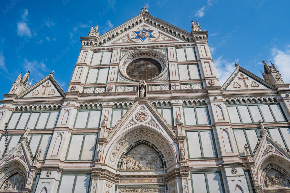 Detail of the Gothic facade and ornaments of the Santa Croce basilica, Florence ITALY