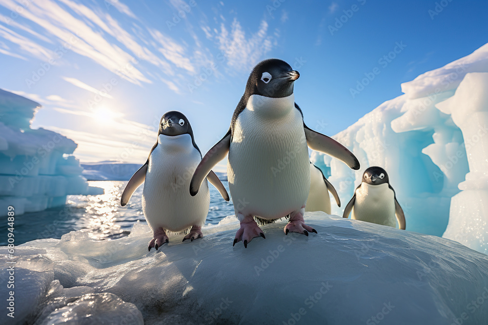 Adelie penguins on the snow in Antarctica, AI Generative.