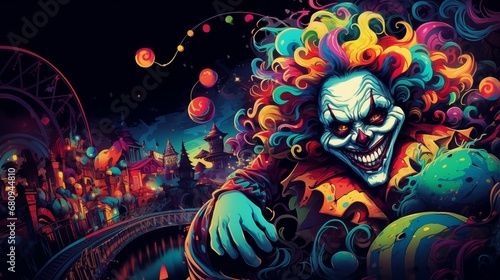 A nightmarish carnival with grotesque clowns and eerie attractions. Digital concept, illustration painting.