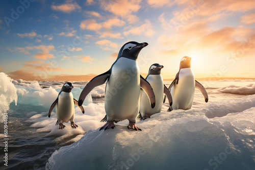 Adelie penguins on the snow in Antarctica, AI Generative. photo