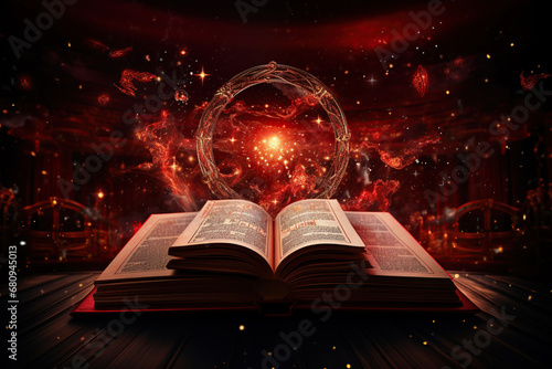 Open book with flying Zodiac signs, astrology magic book, heel of fortune and constellation study for foretell education course, AI generative..