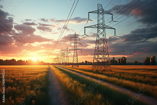 High voltage transmission lines in the field on sunset, electric transmission tower, Ai generative..