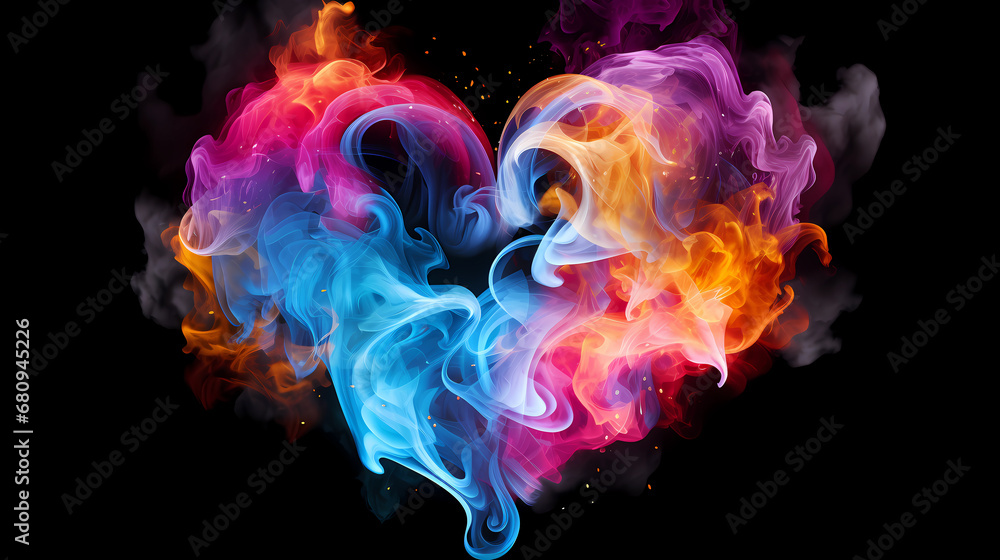 Heart Shaped Colorful Powder Background. Abstract freeze motion dust cloud. Particles explosion screen saver, wallpaper with smoke. Love romantic concept for Valentines day. Heart Shaped Colorful Powder Background. Abstract freeze motion dust cloud. Particles explosion screen saver, wallpaper with smoke. Love romantic concept for Valentines day.