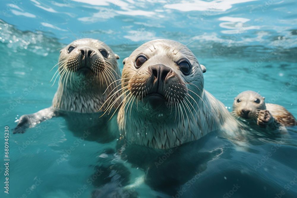 Fototapeta premium Seal portrait swimming underwater, close up, Ai Generative.