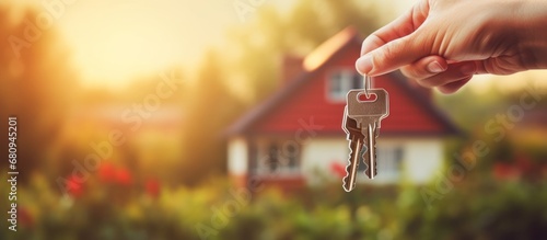 Concept of buying real estate, minimalistic background. Rental housing, purchase or sale. A man holds the key to a new house in hands. Generative AI. photo