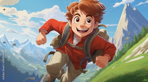 Cartoon boy traveler on the background of mountains. Digital concept, illustration painting.