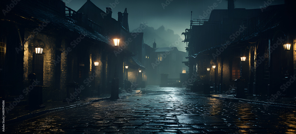 Back street alley with old city houses in rain at night. Ai. Empty dark alleyway