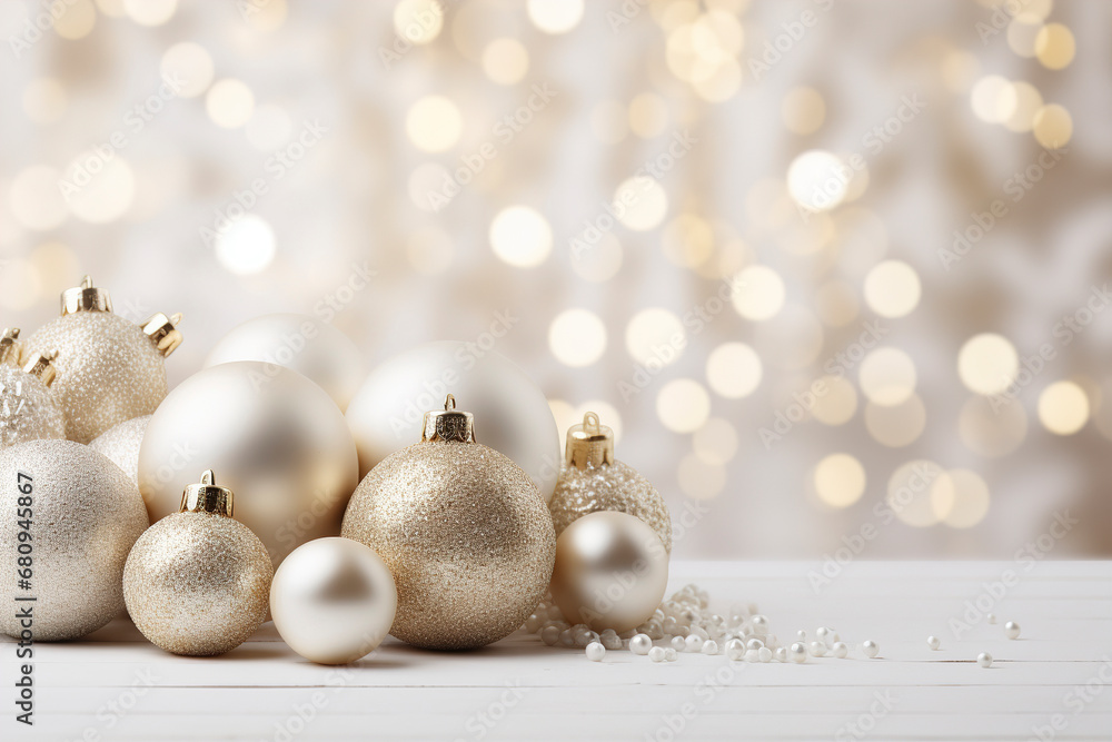 Christmas golden balls against the blur light background of New Year's bokeh, Christmas and New Year background, Greeting card, banner. Christmas decoration, New Year's decorations on blur background.