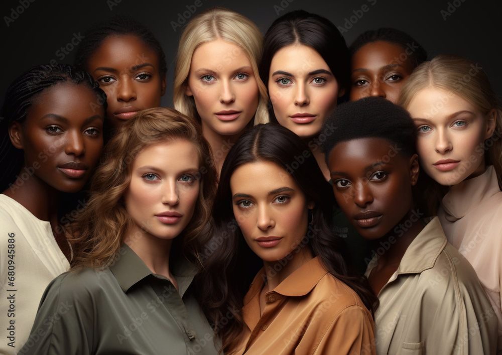 Group portrait of diverse young natural multiethnic and multicultural women.Macro.AI Generative.