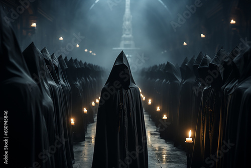 Secret society ceremony, people in hoods. Members of sect. Dark Religion and magical Occultism. Secret Society Ceremony in Dark Hall. AI