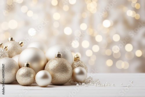 Obraz na płótnie Christmas golden balls against the blur light background of New Year's bokeh, Christmas and New Year background, Greeting card, banner. Christmas decoration, New Year's decorations on blur background. w salonie