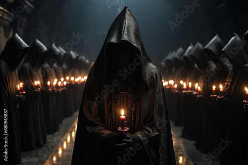 Secret society ceremony, people in hoods. Members of sect. Dark Religion and magical Occultism. Secret Society Ceremony in Dark Hall. AI