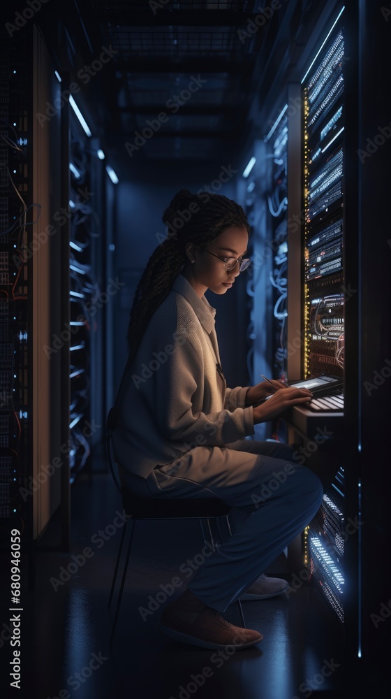 woman working in a data center. Generative ai woman working in a data center. Generative ai