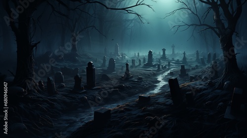 An eerie graveyard shrouded in mist and shadows. Digital concept, illustration painting. photo