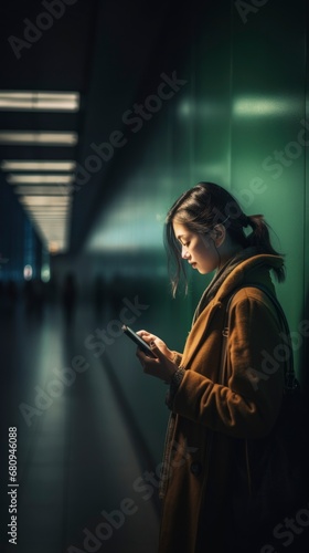 Young woman walking through the airport terminal. Travel concept. Generative ai